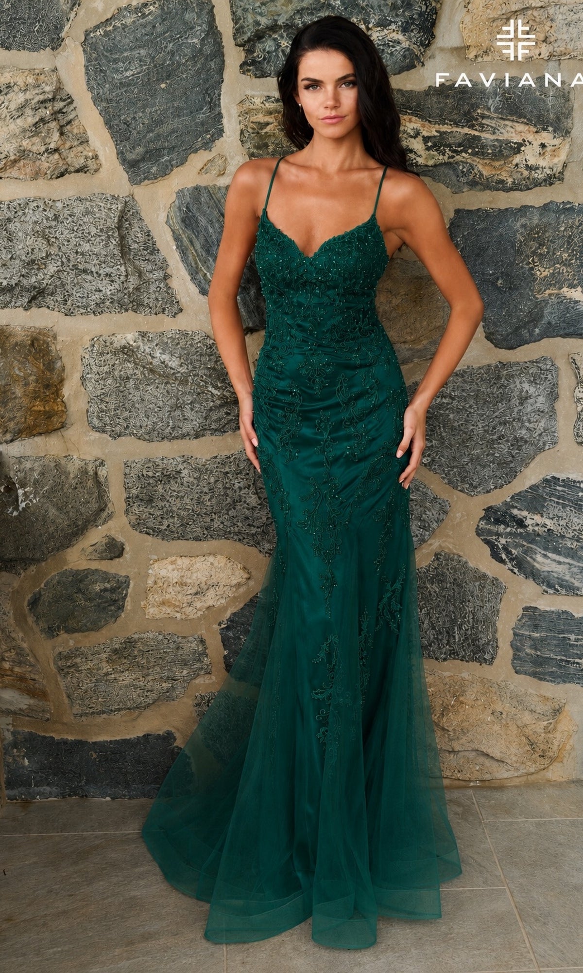 Faviana 11624 dark hunter green floor-length mermaid prom dress with a sweetheart neckline, spaghetti straps, and beaded lace appliques.
